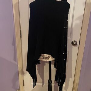 Black Knitted Poncho with Flowing Drape and faux pearl detail